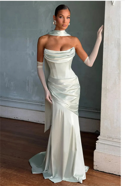 Robe de mariée fourreau en satin sans bretelles à plis simples avec longue écharpe, robe de mariée sur mesure 2025, Vestido De Noiva