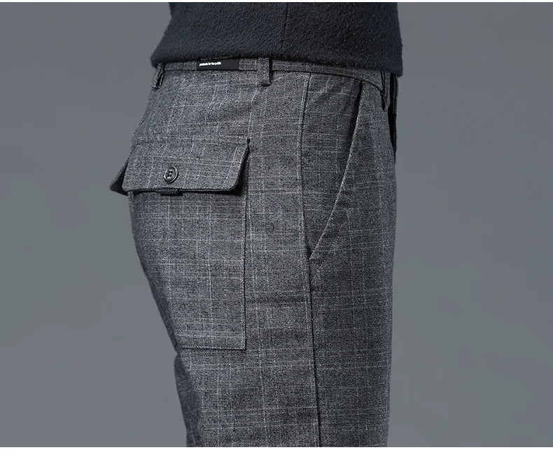 Autumn Winter New Fleece Thickened Casual Pants Men Business Straight Slim Plaid Pants Black Gray Men's Warm Trousers