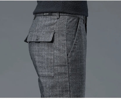 Autumn Winter New Fleece Thickened Casual Pants Men Business Straight Slim Plaid Pants Black Gray Men's Warm Trousers