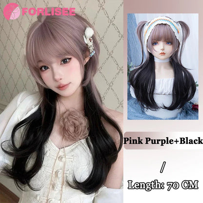 Pink Blonde Highlights Long Wavy Wig Synthetic Colorful Lolita Cosplay Hair Wigs with Bangs for Women Heat Resistant Daily Use
