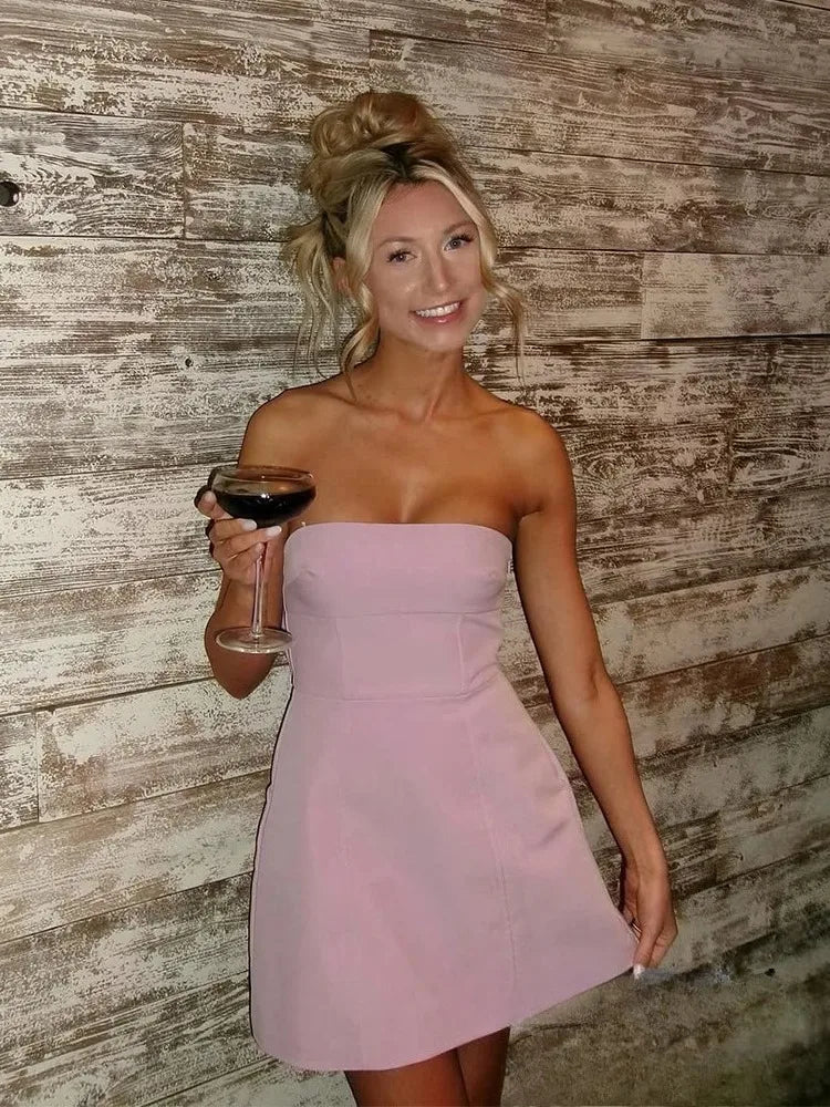 KONDALA Sexy Chic rose femmes robe sans bretelles nœud a-ligne Mini robe nouvelle mode 2025 automne Hotsweet robe de soirée
