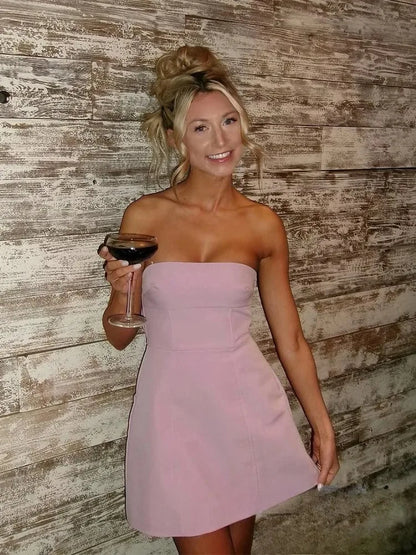 KONDALA Sexy Chic rose femmes robe sans bretelles nœud a-ligne Mini robe nouvelle mode 2025 automne Hotsweet robe de soirée
