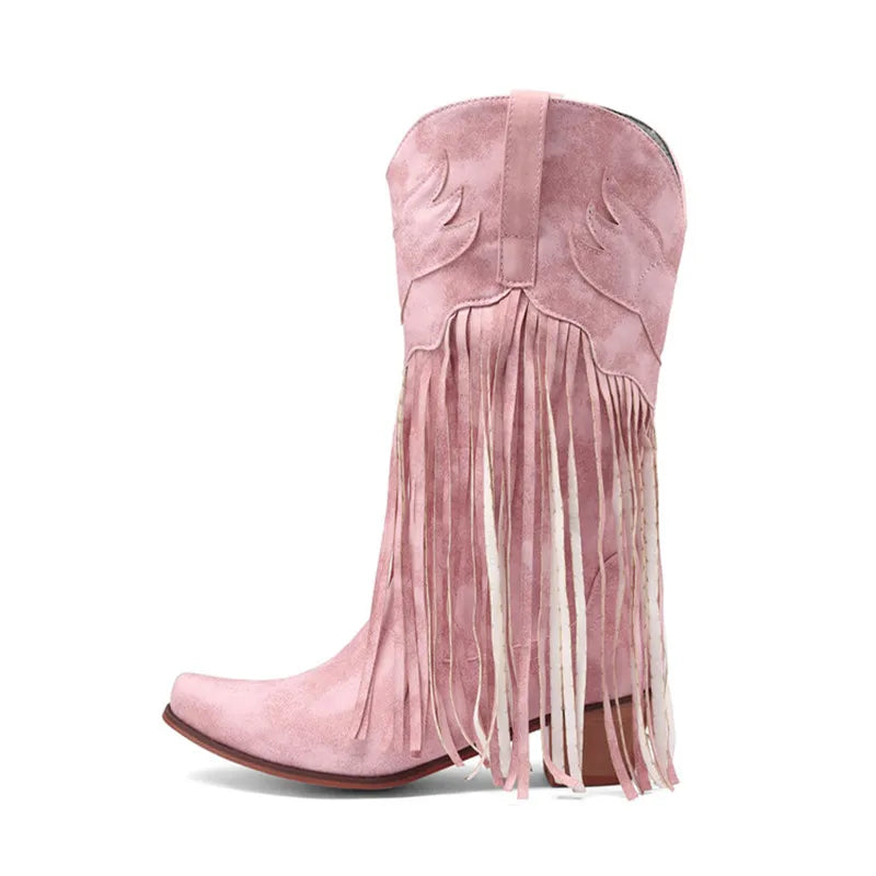 Nouvelles bottes de cowboy rétro ethniques pour femmes avec pompon à talon moyen, chaussures d'hiver pour femmes