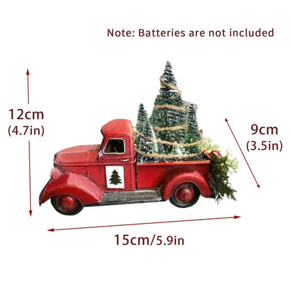 Christmas Retro Red Truck Ornaments Metal Car With Mini Green Tree And Box Xmas Table Decoration