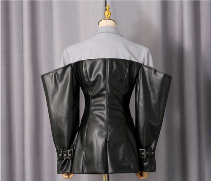 Contrast Mixed-Media Blazer with Oversized Buckle Sleeves