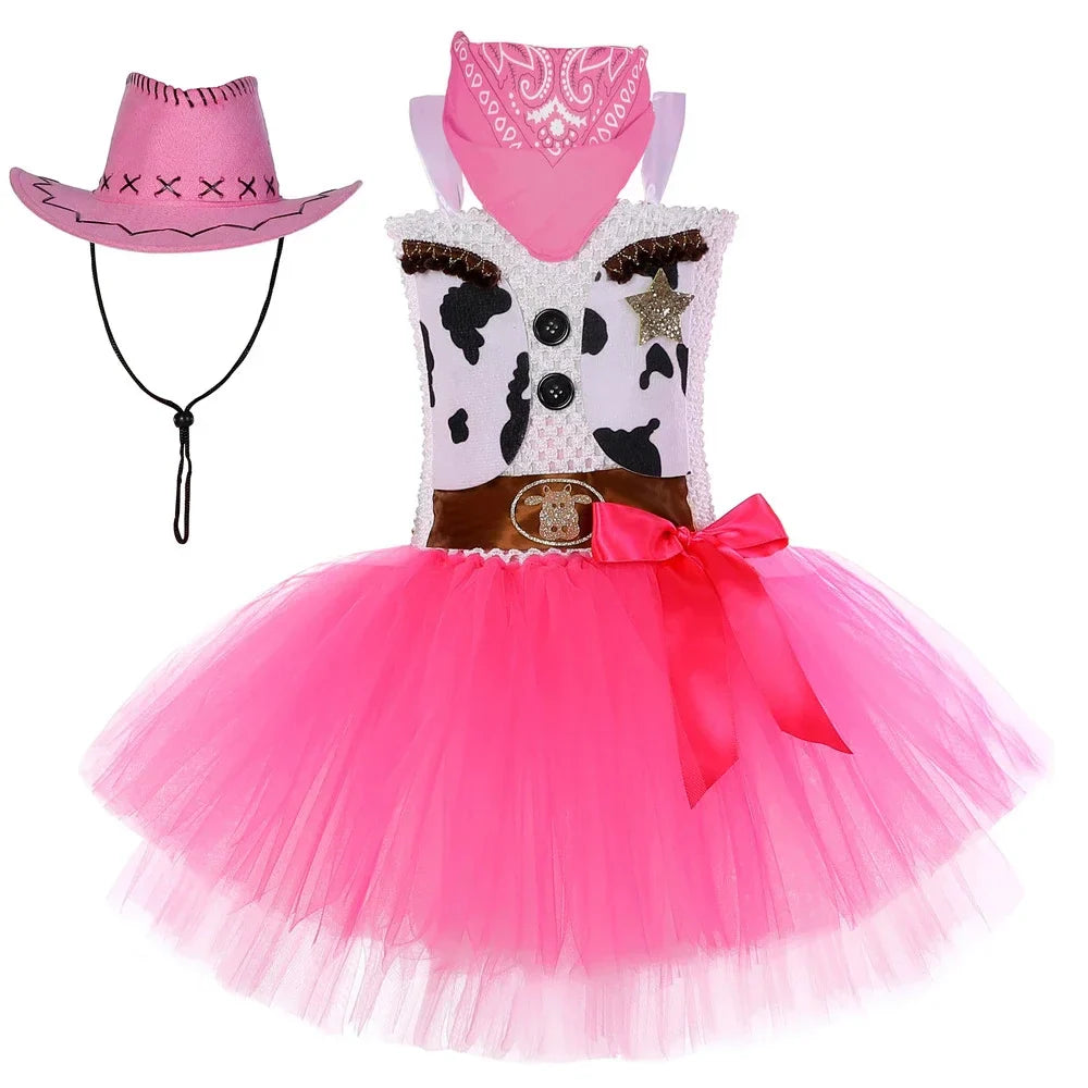 2025 Halloween Costume de Cowgirl rose pour filles, robe de princesse Tutu de fête d'anniversaire, tenue de Cowboy de vache