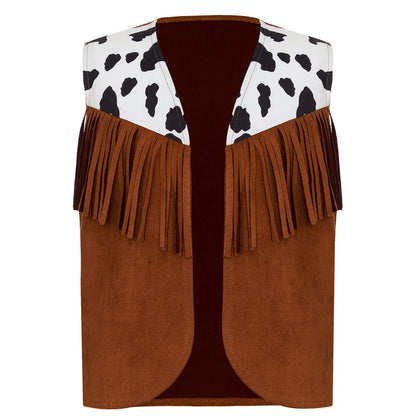 Enfants enfant Halloween Western Cowboy Cowgirl Cosplay Costume imprimé vache gilet à pampilles et ensemble de pantalon évasé Carnaval fête habiller