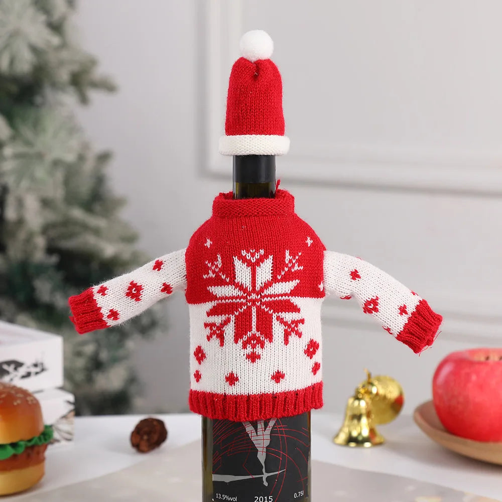 Ensemble de bouteilles de vin de noël tricotées créatives, couvre-bouteille de vin, manches, bonhomme de neige du père noël, nouvel an, décor de Table à dîner