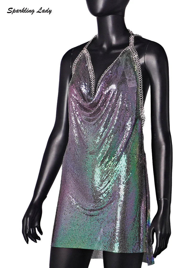 Sexy Hot Pink Glitter Sequin Party Dresses Bling Aluminum Chainmail Dress Backless Halter V Neck Side Slit Metal Party Outfit