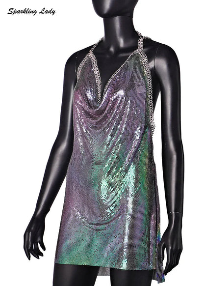 Sexy Hot Pink Glitter Sequin Party Dresses Bling Aluminum Chainmail Dress Backless Halter V Neck Side Slit Metal Party Outfit