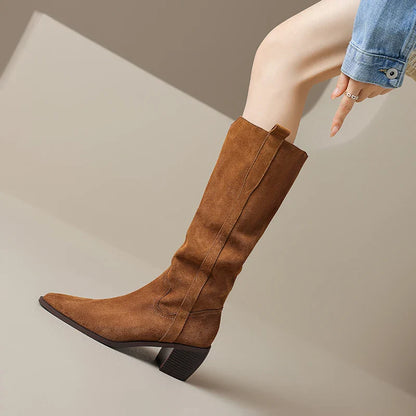 Bottes de Cowboy en Daim de Vache à Talons Hauts pour Femme, Style Vintage, Style Country Western, à la Mode, Automne Hiver