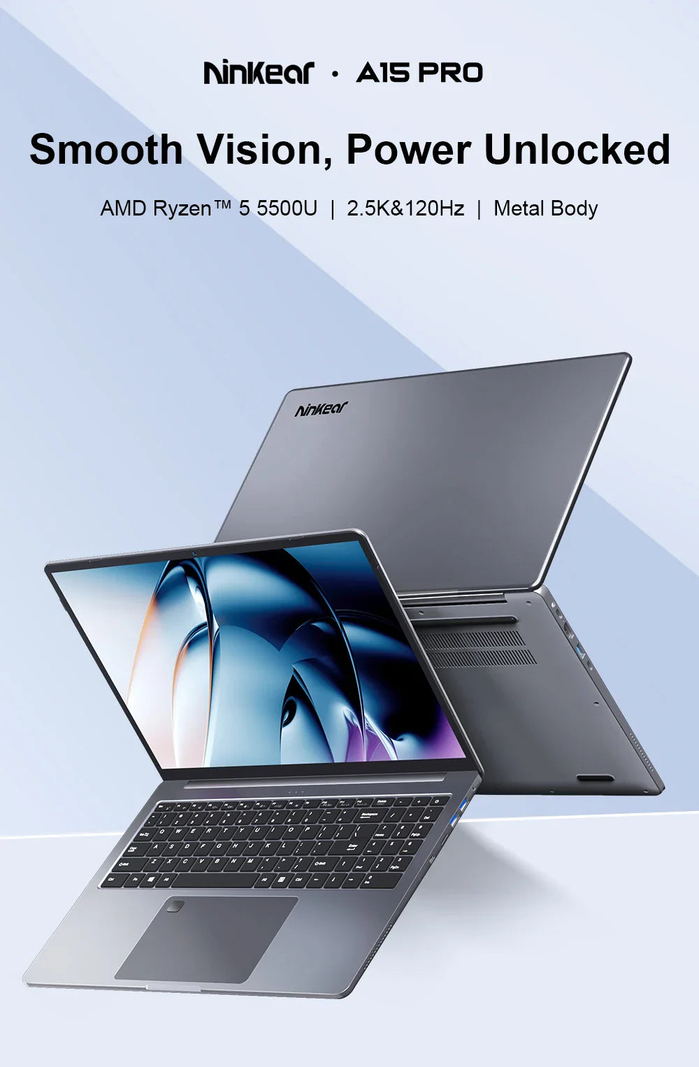 Ordinateur portable Ninkear A15 Pro 16" IPS 2.5K FHD AMD Ryzen5 5500U, 16G DDR4 3200Mhz+512Go SSD, batterie 54Wh, Windows 11 PRO