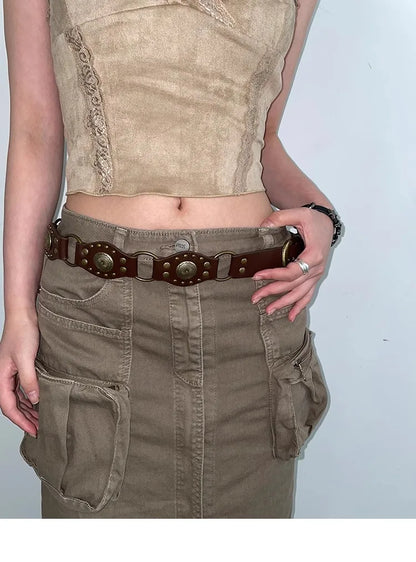 Ceinture de Cowboy occidentale pour femmes, nouvelle ceinture à rivets marron Vintage américain, ceinture en Denim polyvalente avec Style Ins, 2025