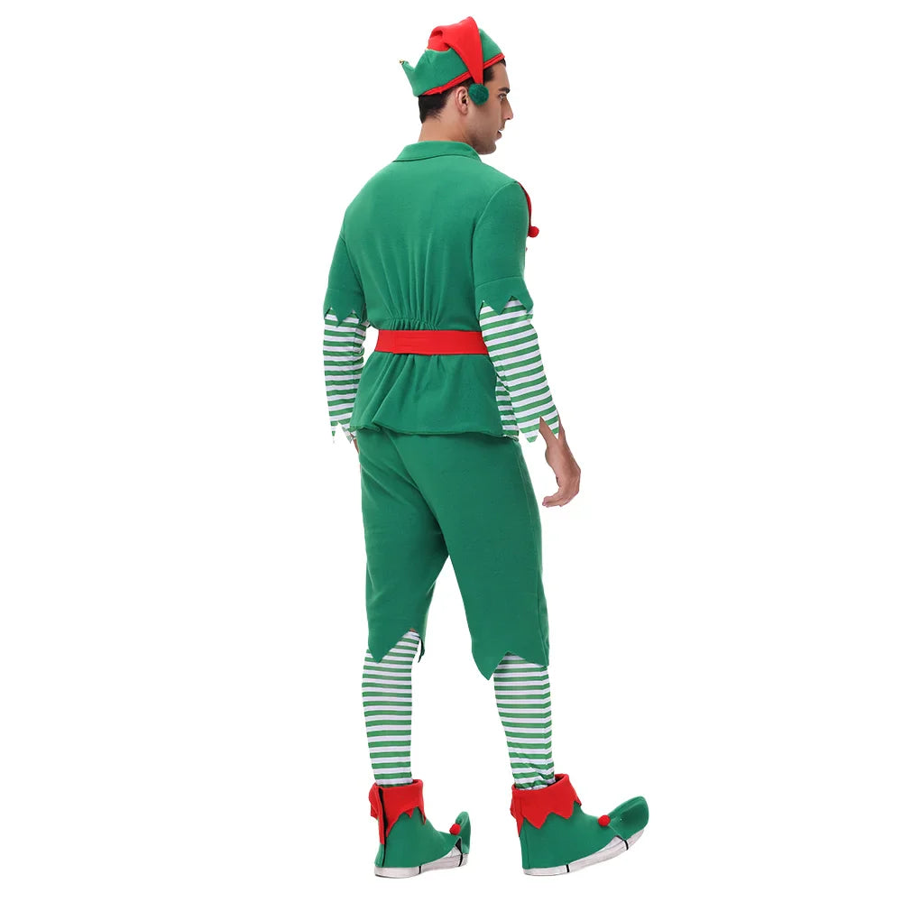 VIP FASHION Men Christmas Elf Costume with Hat Stockings Shoe Covers Belt Fancy Xmas Party Dress Up Outfit Male Festival Clothes