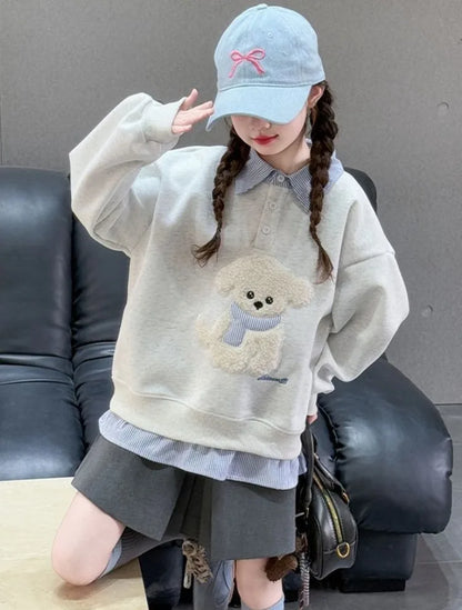 Sweat-shirt à capuche pour filles, Polo deux pièces en Faux, moyen-grand, coupe ample, haut de chiot de dessin animé, nouvelle collection printemps/automne 2025