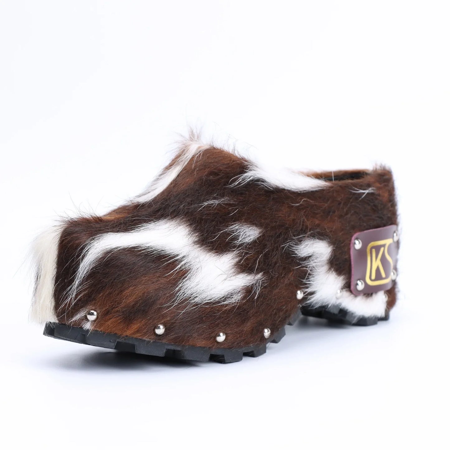 Luxury Handmade Women's Platform Fur Clogs,Studded Mules with Arch Support,Natural Calf Hair,Leather-Lined Vintage Cowboy Style