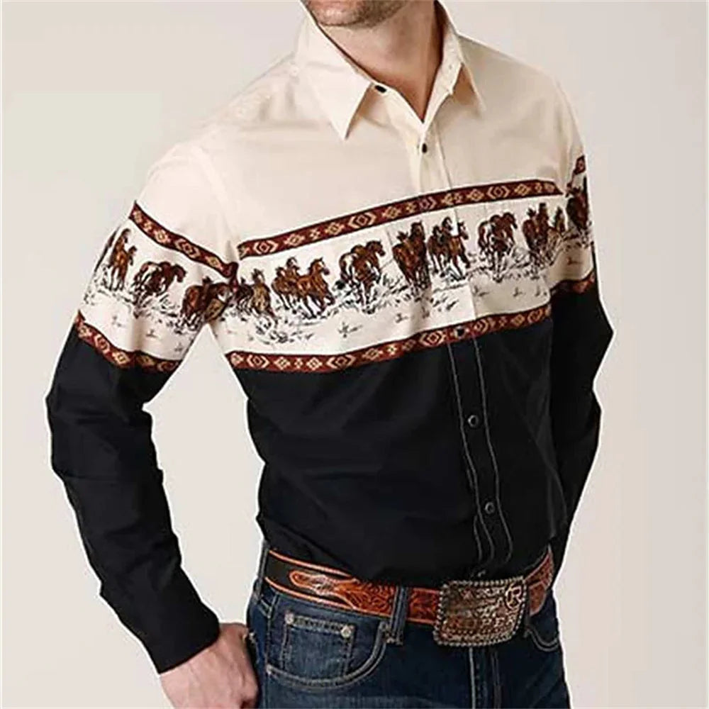 Western Cowboy Flower Printed Long Sleeve Shirt for Spring and Summer Comfortable Soft Fabric Party Men's Collar Shirt