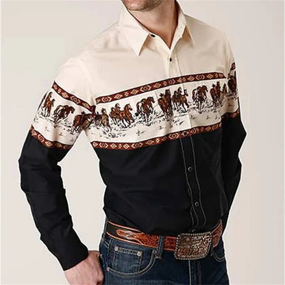 Western Cowboy Flower Printed Long Sleeve Shirt for Spring and Summer Comfortable Soft Fabric Party Men's Collar Shirt