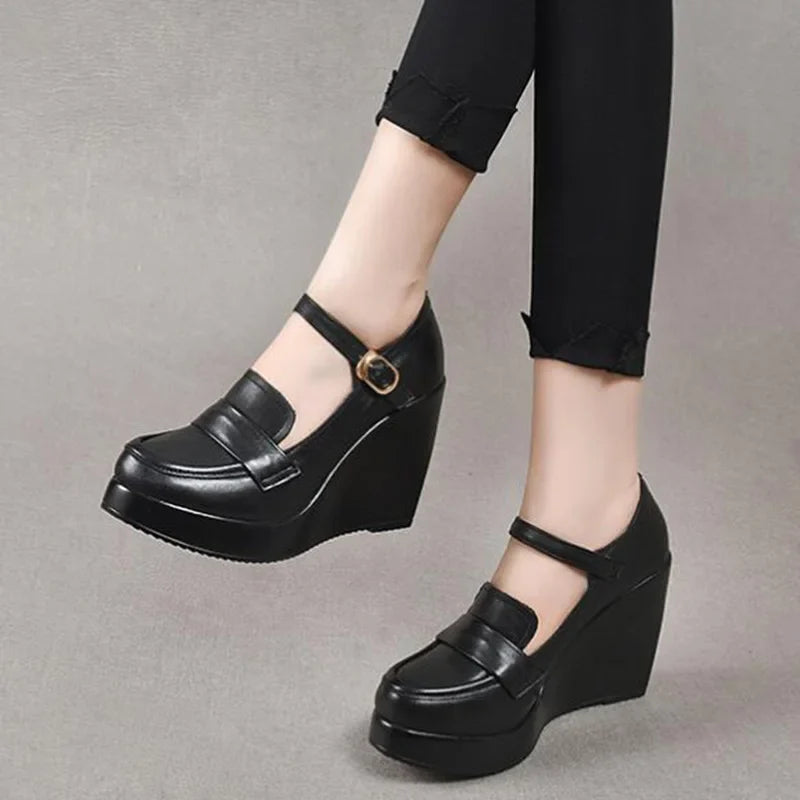 GKTINOO 2025 Compensées Chaussures Femme Printemps Automne À Enfiler Talons Hauts Bout Rond Cuir Véritable Décontracté Plateforme Dames Chaussures Femme