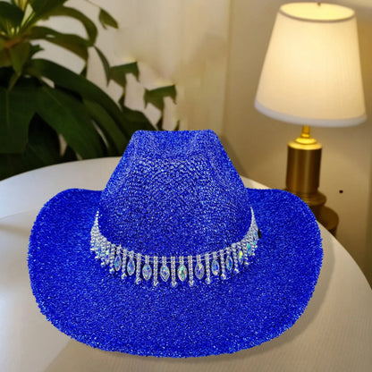 Chapeaux de Cowboy occidentaux classiques pour femmes et hommes, chapeau de soleil à strass scintillants, à large bord, pour Club Rave Party, Cowgirl Jazz, 2025