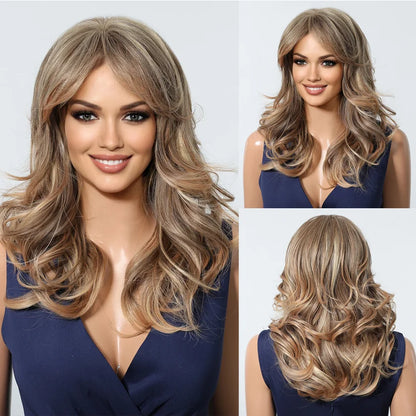 Brown Blonde Ombre Synthetic Wigs for Women Medium Length Wavy Layered Wigs With Side Bangs Daily Party Heat Resistant Fake Hair