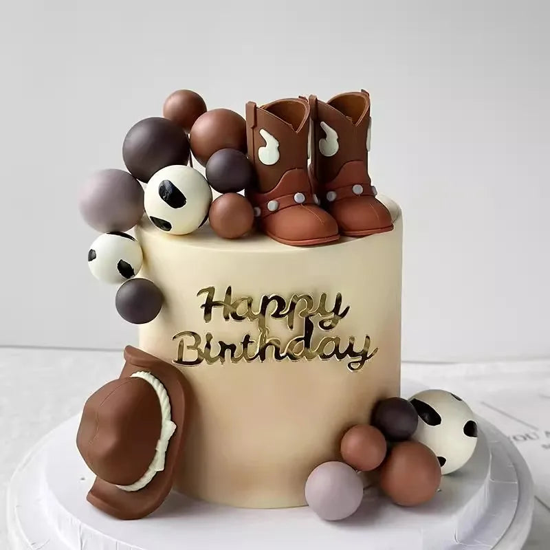 Chapeau de Cowboy rouge Rose, boules de bottes, décoration de gâteau, Cowboy de Cowgirl occidentale, décor de fête prénatale d'anniversaire, fournitures à thème de ferme occidentale