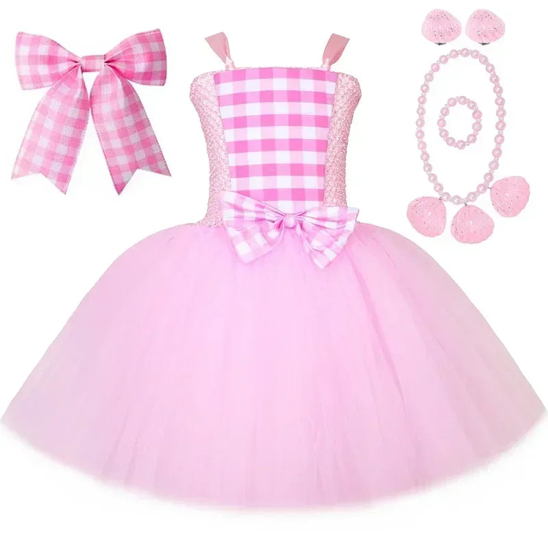 Movie Barbi Costume for Girls Margot Robbie Pink Plaid Tulle Tutu Dress Kids Halloween Birthday Party Princess Dress Up Clothes