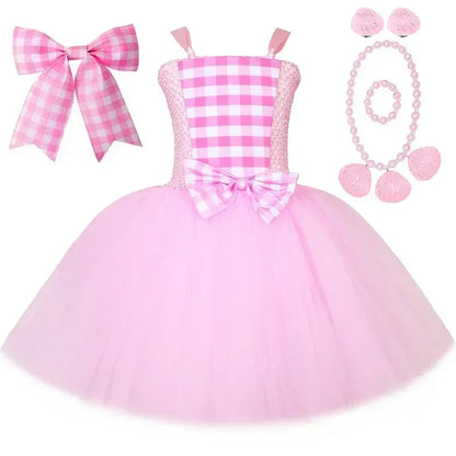Movie Barbi Costume for Girls Margot Robbie Pink Plaid Tulle Tutu Dress Kids Halloween Birthday Party Princess Dress Up Clothes
