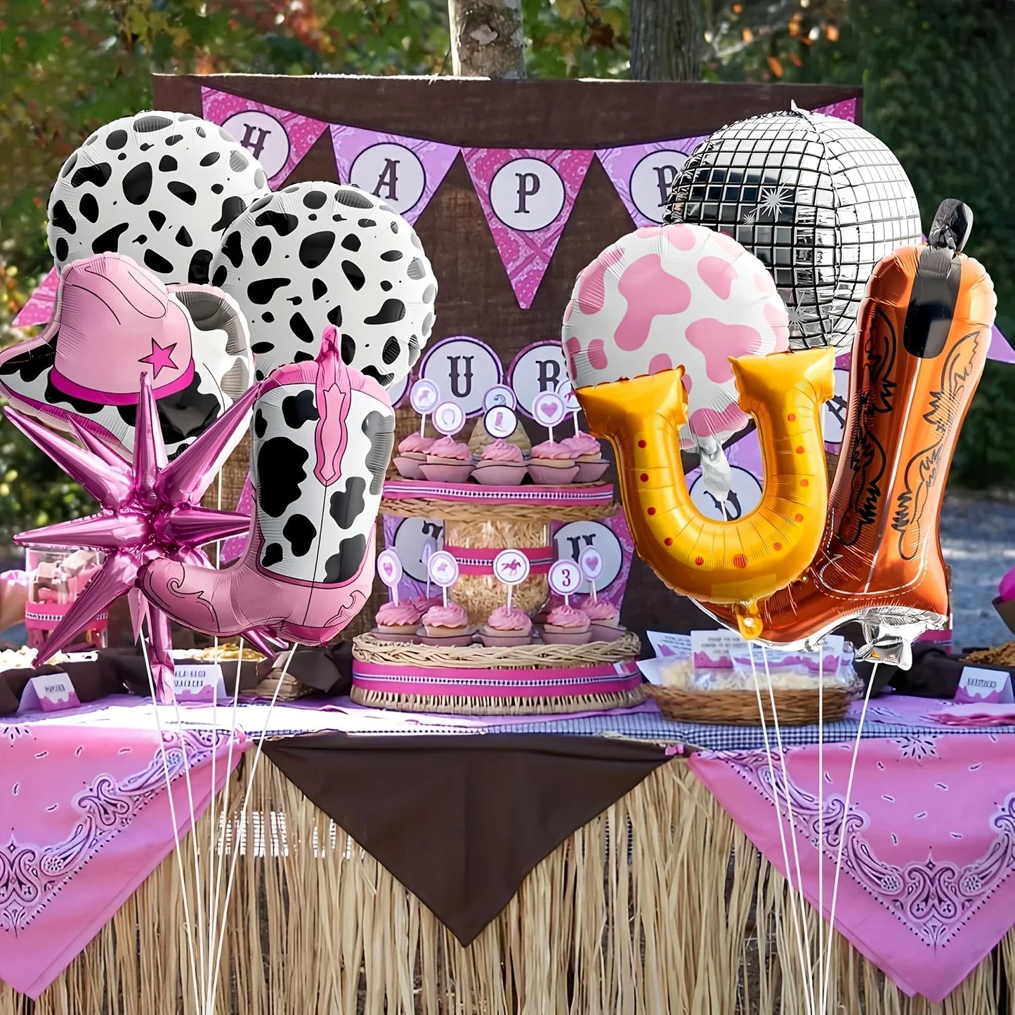 Ensemble de ballons avec chapeau et bottes de Cowgirl rose, 9 pièces, décorations de fête sur le thème occidental, ballons imprimés de vache, décorations de fête d'anniversaire