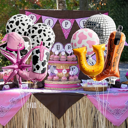 Ensemble de ballons avec chapeau et bottes de Cowgirl rose, 9 pièces, décorations de fête sur le thème occidental, ballons imprimés de vache, décorations de fête d'anniversaire