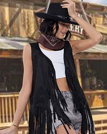 Women's Cowgirl Costume 3 Pcs Faux Suede Fringe Vest with Rivets Cowboy Hat Carnival Party Outfit Clubwear