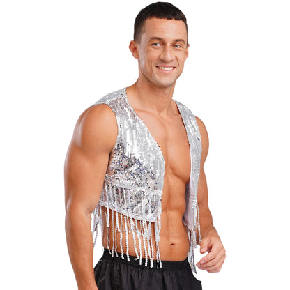 Mens Cowboy Western Costume Shiny Vintage 70s Disco Costumes Fringe Sequin Waistcoat Sleeveless Open Front Cropped Vest Cardigan
