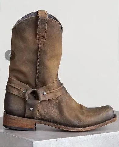 Retro Cowboy Boots Women Men Mid Calf Outdoor Boots Vintage PU Slip on Shoes Winter Gladiator Booties Unisex Brown Long Boots