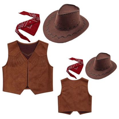Gilet de Cowboy Western Wild West pour Garçons, Costume de Cosplay Hippie, Décor Frangé sur l'Ourlet, Gilet Ouvert sur le Devant avec Bandana et Chapeau en Feutre à Cordon de Serrage