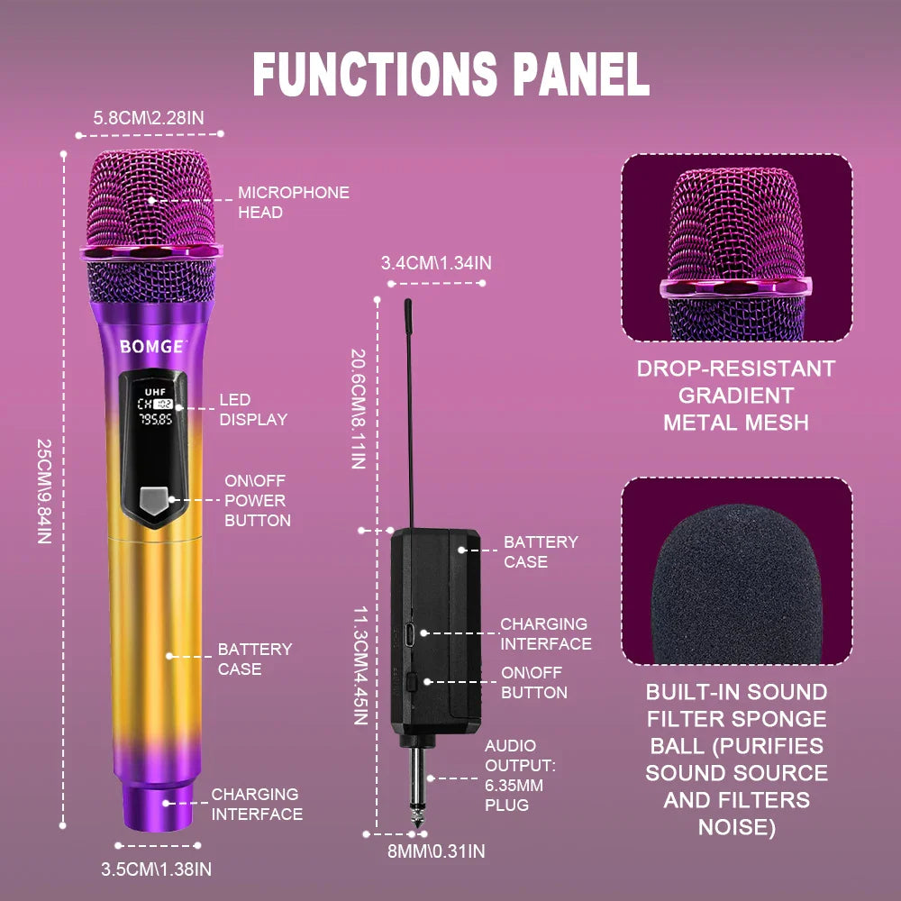 Professional 2 Channel DJ Karaoke Wireless Microphone System With Colorful purple mic Wireless Rechargable Receiver for Party DJ