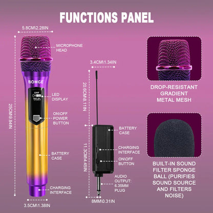 Professional 2 Channel DJ Karaoke Wireless Microphone System With Colorful purple mic Wireless Rechargable Receiver for Party DJ