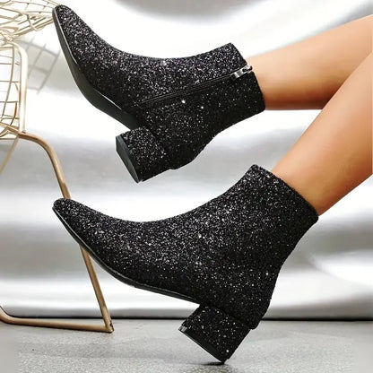 Bottes Courtes Femme Luxe Extérieur Designer Paillettes Bout Rond Chaussures de Soirée pour Femme Bottes à Talon Épais à Paillettes et Fermeture Éclair Femme