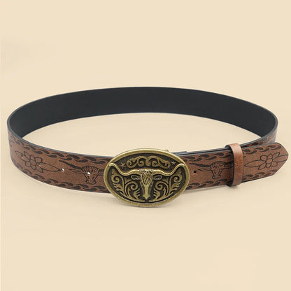 Ceinture décontractée vintage de style cowboy occidental – Boucle sculptée en tête de bœuf et imprimé bohème, parfaite pour les déplacements quotidiens et les tenues de rencontres