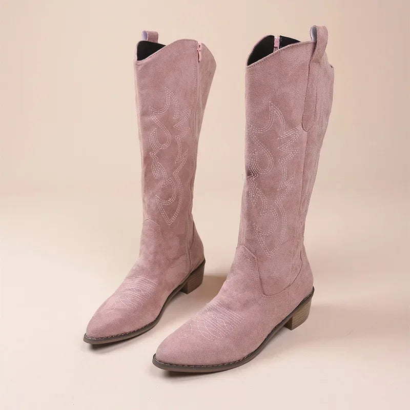 Bottes de cowboy Western brodées pour femmes, bottes hautes à talons épais et bouts pointus, en cuir PU souple, longues, pour l'automne.