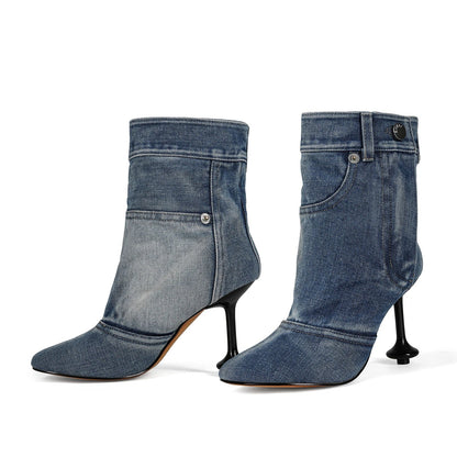 European and American Alien and Square Head Splicing Design Water Washed Cowboy Boots for Women's Trendy Side Zipper Short Boots