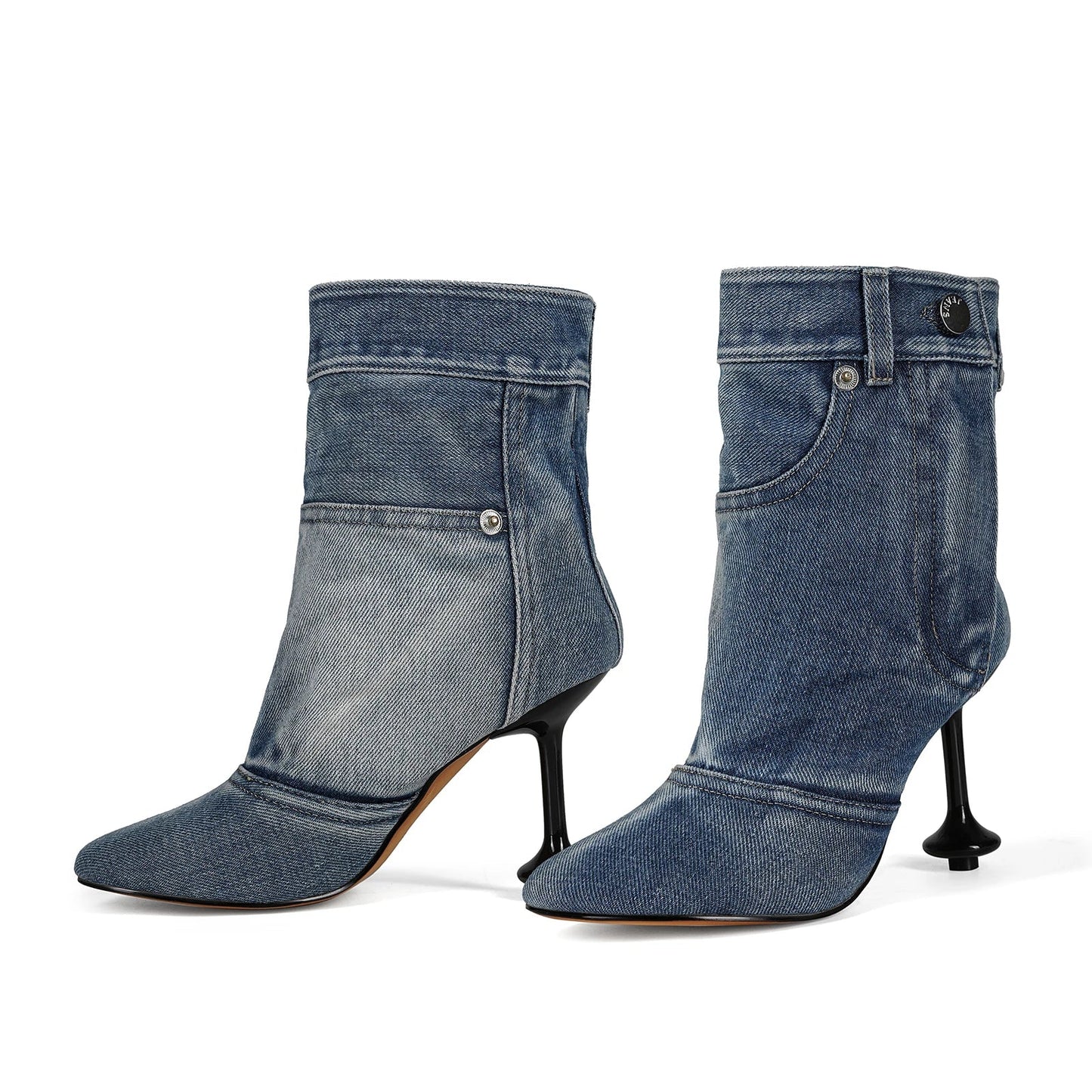 European and American Alien and Square Head Splicing Design Water Washed Cowboy Boots for Women's Trendy Side Zipper Short Boots