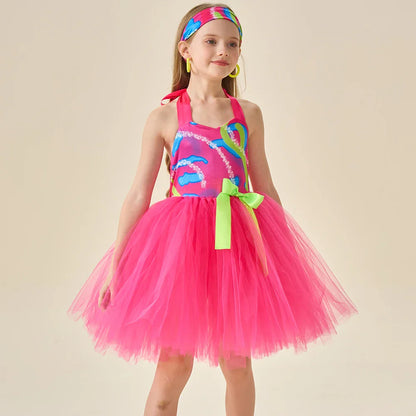 Movie Cowgirl Barbi Costume for Girls Princess Dress Hot Pink Plaid Margot Robbie Tutu Dress Kids Birthday Party Tulle Dresses