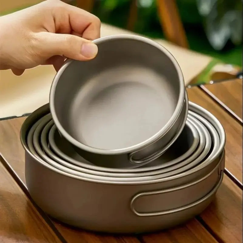 Vaisselle de Camping en plein air, ensemble d'ustensiles de cuisine en titane, marmite, poêle à frire avec poignées pliables, pique-nique cuisine randonnée Trekking
