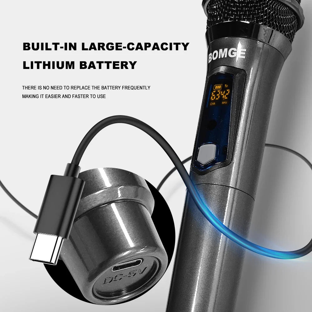 BOMGE Microphone à main sans fil, système de micro dynamique double sans fil avec récepteur Rechargeable 1800MAh pour karaoké