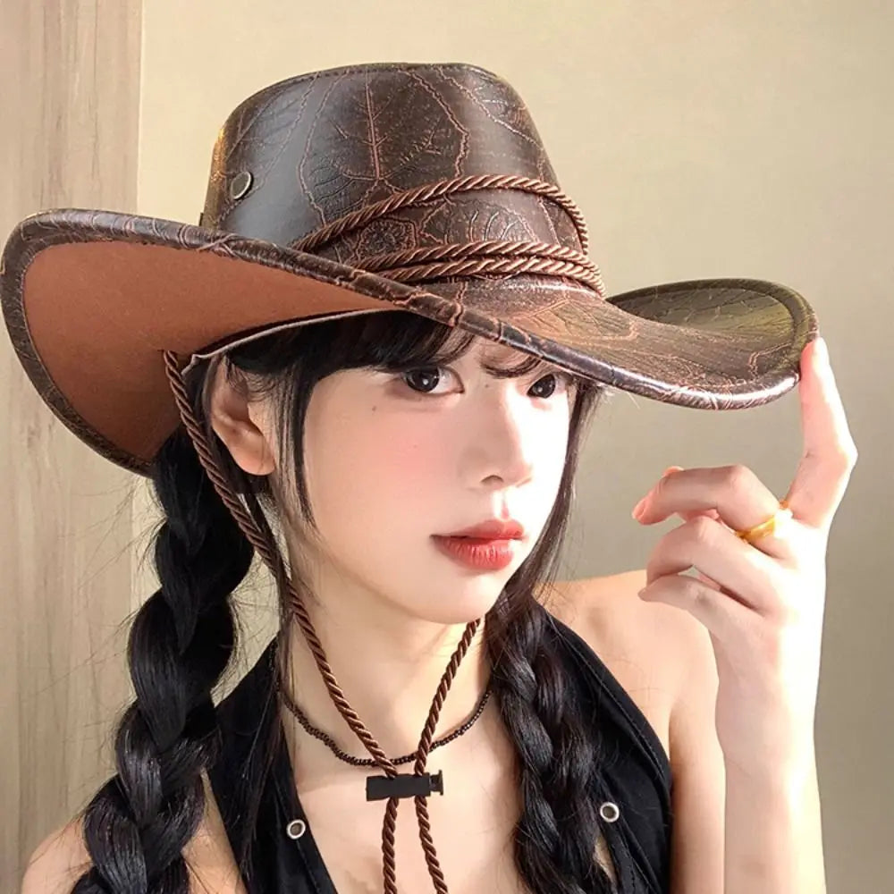 Chapeau de Cowboy occidental de Style ethnique Cool, chapeau de chevalier en Polyester à large bord, couleur unie noir/marron, chapeau de Jazz pour filles