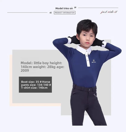 Baslong Equestrian Clothing Kidsren's T-Shirt Top Long-Sleeved Sun Protection Breathable Polo Shirt Girls Riding Competition Knight Clothing