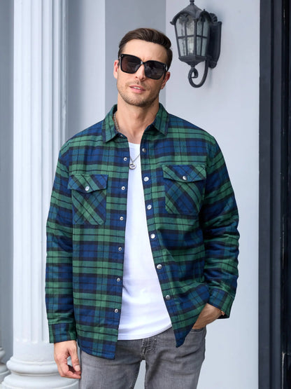 TACVASEN Winter Plaid Cotton Jackets Mens Long Sleeve Quilted Lined Flannel Shirt Jacket Multi-Pockets Outwear Hiking Coats Tops
