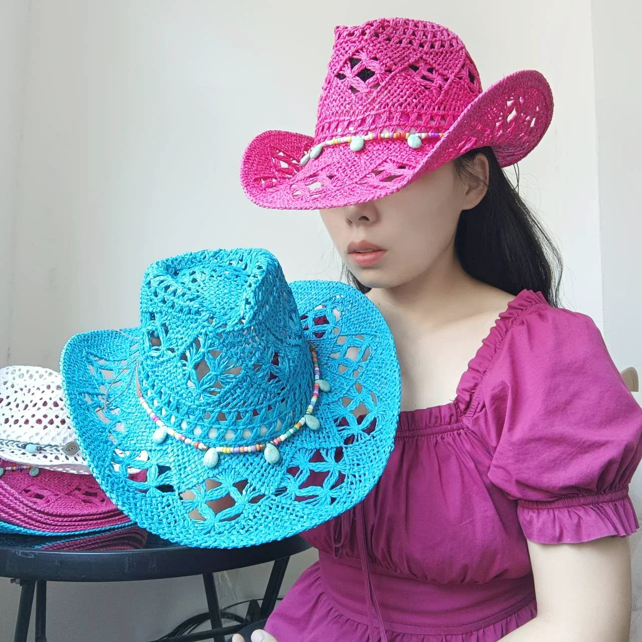The latest Cowboy hat rose red retro straw hat 2023 new men's and women's jazz Cowboy hat straw hat sun hat summer hat sombrero
