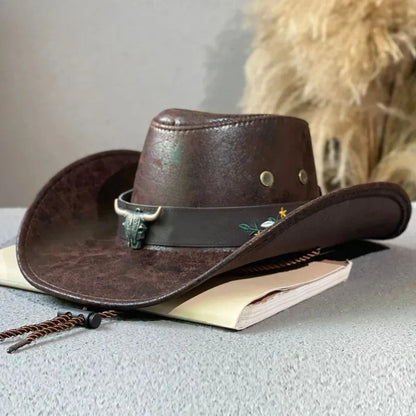 Chapeau de cowboy occidental rétro de haute qualité avec décoration tête de vache, chapeau de jazz en faux cuir pour homme, chapeau Panama, chapeau de cowgirl