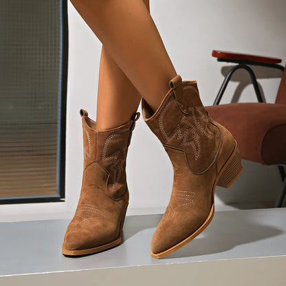 Women Boots 2025 New Cowboy Retro Leather Ankle Boots Comfortable Embroidered Spring Autumn Sexy High Short Boots Botas Mujer